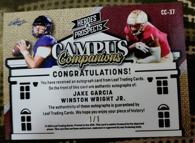 Jake GARCIA Winston WRIGHT JR. 2024 Leaf Heroes & Prospects DUAL AUTO Gold #1/1