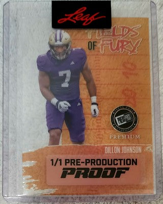 DILLON JOHNSON 2024 Leaf Press Pass Premium Fields Of Fury RC PROOF Clear SP 1/1