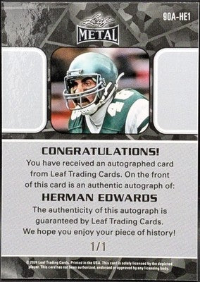HERMAN EDWARDS 2024 Leaf Collective 1990 Metal AUTO Purple Shimmer SP #1/1 Jets