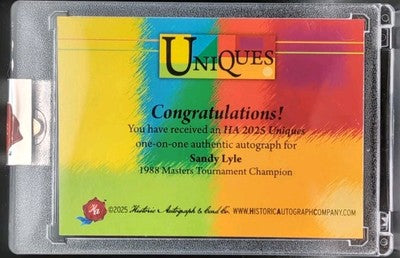 SANDY LYLE 2025 Historic HA Uniques CUT AUTO SP 1/1 of PGA Golf HoF 1988 Masters