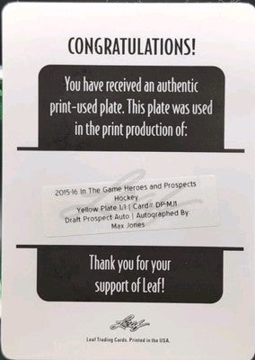 MAX JONES 2015-16 ITG Heroes & Prospects AUTO PRINTING PLATE SP 1/1 Ducks Oilers