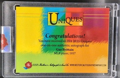 GUS BRITTAIN 2025 Historic Uniques CUT AUTO SP #1/1 of Cincinnati Reds 1937 MLB