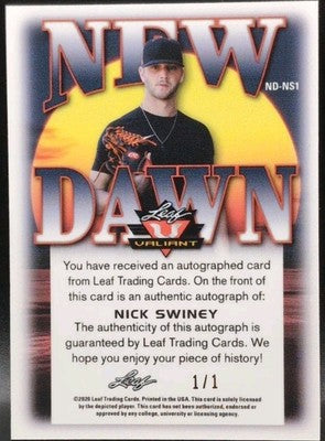 NICK SWINEY 2020 Leaf Valiant New Dawn RC AUTO Red Prismatic #1/1 Giants Astros