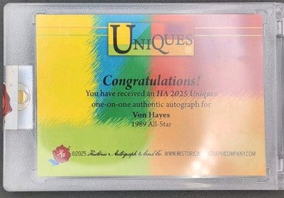 VON HAYES 2025 Historic Autographs Uniques CUT AUTO 1/1 Phillies All-Star Angels
