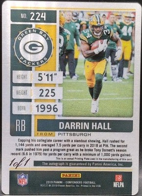 DARRIN HALL 2019 Panini Contenders RC Ticket AUTO PRINTING PLATE SP #1/1 Packers