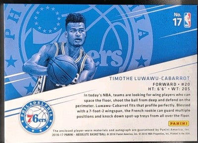 TIMOTHE LUWAWU-CABARROT 2016-17 Panini Absolute AUTO QUAD Jersey PATCH /75 76ers