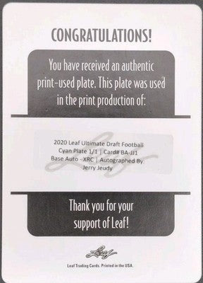 JERRY JEUDY 2020 Leaf Ultimate Draft RC AUTO PRINTING PLATE #1/1 Broncos Browns