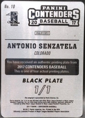 ANTONIO SENZATELA 2017 Panini Contenders Ticket AUTO PRINTING PLATE #1/1 Rockies