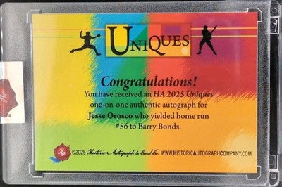 JESSE OROSCO 2025 Historic Uniques CUT AUTO Mets Inscription #1/1 Barry Bonds HR