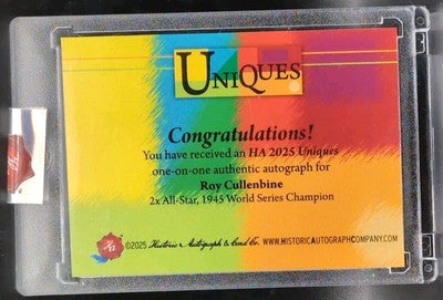 ROY CULLENBINE 2025 Historic Uniques World Series CUT AUTO #1/1 Yankees Dodgers