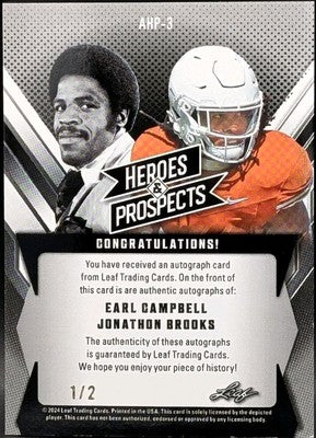 Earl CAMPBELL Jonathon BROOKS 2024 Leaf Heroes & Prospects DUAL AUTO #1/2 Texas