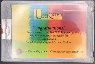 DAVE LaPOINT 2025 Historic HA Autographs Uniques CUT AUTO #1/1 Cardinals Yankees