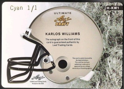 KARLOS WILLIAMS 2015 Leaf Ultimate Draft Helmet AUTO PRINTING PLATE SP 1/1 Bills