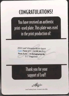 D.J. UIAGALELEI 2022 Leaf Vibrance RC PRINTING PLATE SP 1/1 Chargers FSU Clemson