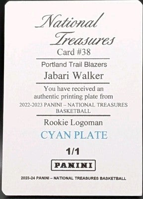 JABARI WALKER 2022-23 Panini National Treasures RC LOGOMAN PRINTING PLATE SP 1/1