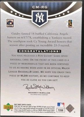 RON GUIDRY 2007 UD Sweet Spot Classic Memorabilia GAME USED JERSEY Relic Yankees