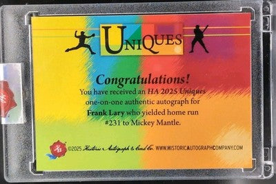 FRANK LARY 2025 Historic HA Uniques CUT AUTO SP 1/1 Tigers Mets Mickey Mantle HR