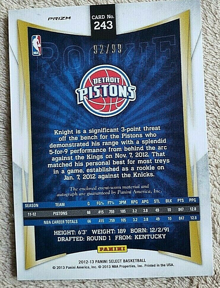 BRANDON KNIGHT 2012-13 Panini Select Silver Prizm Dual AUTO Jersey #/99 Pistons