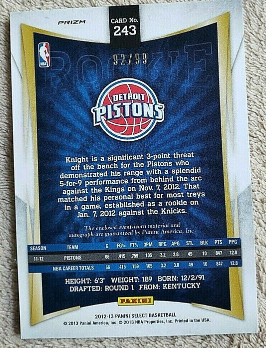 BRANDON KNIGHT 2012-13 Panini Select Silver Prizm Dual AUTO Jersey #/99 Pistons