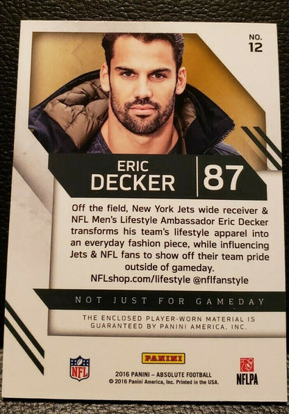 ERIC DECKER 2016 Panini Absolute NFL Men's Lifestyle Player-Worn NY Jets T-Shirt