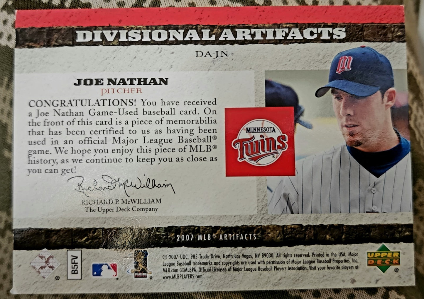 JOE NATHAN 2007 Upper Deck Divisional Artifacts Game Used Jersey SP #/199 Twins