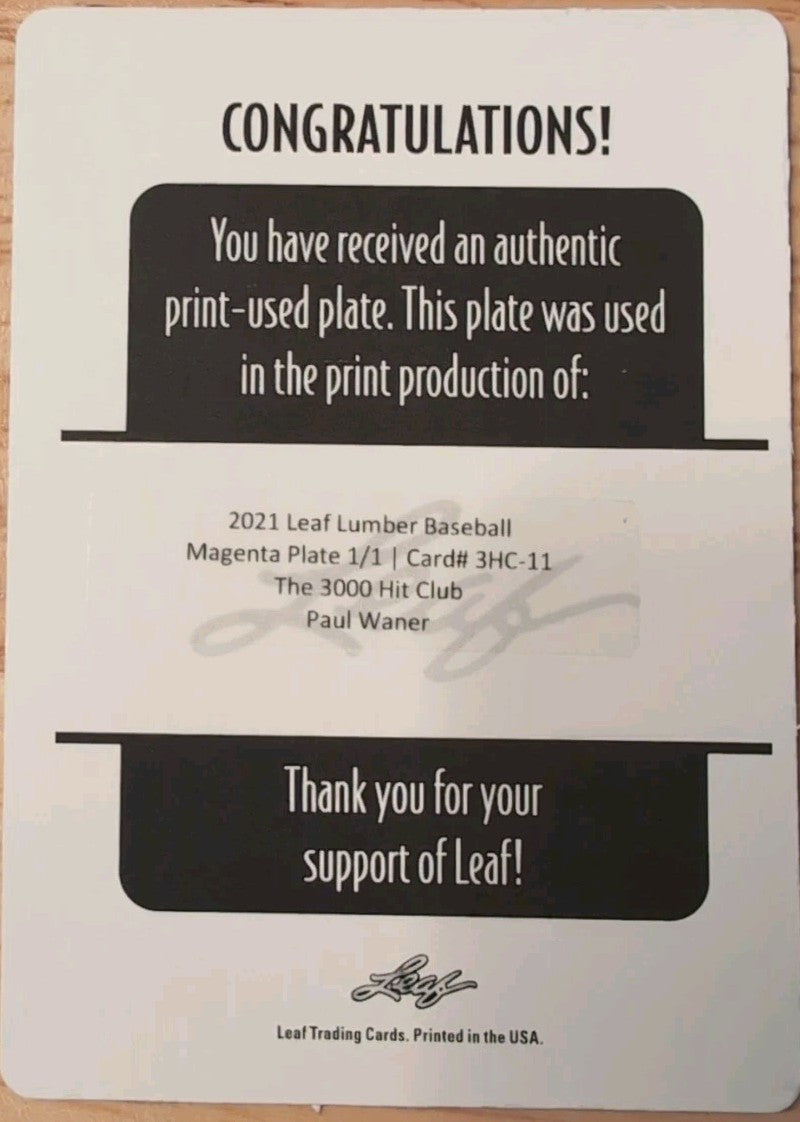 PAUL WANER 2021 Leaf Lumber 3000 Hit Club PRINTING PLATE SP #1/1 Pirates Dodgers