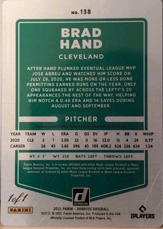 BRAD HAND 2021 Panini Donruss PRINTING PLATE SP #1/1 of Padres Marlins Cleveland