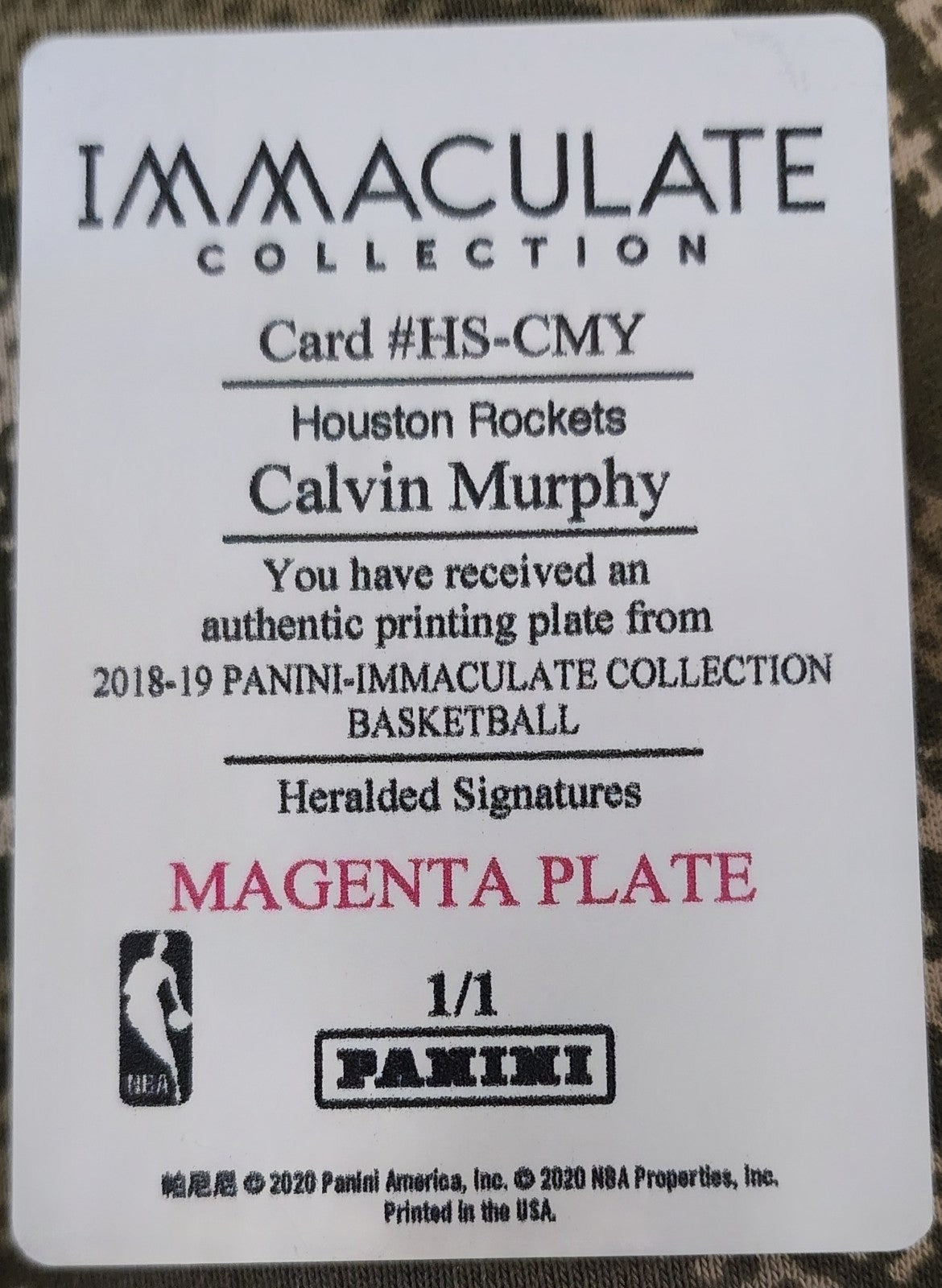 CALVIN MURPHY 2018-19 Panini Immaculate Heralded PRINTING PLATE SP #1/1 Rockets