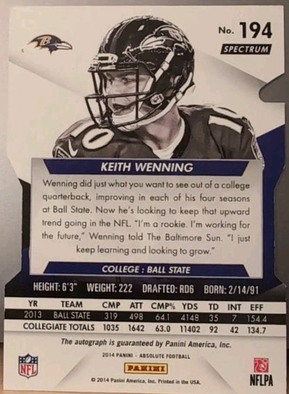 KEITH WENNING 2014 Panini Absolute Spectrum RC Die-Cut AUTO Black SP #5/5 Ravens