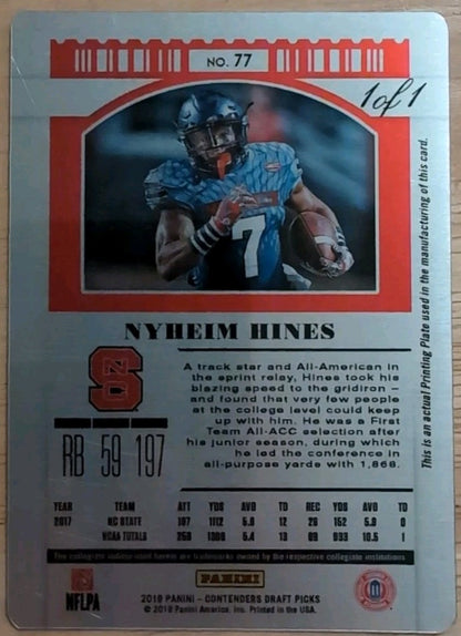 NYHEIM HINES 2019 Panini Contenders Draft Picks PRINTING PLATE #1/1 Colts Bills