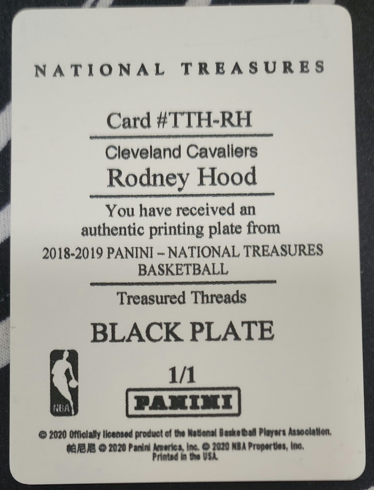 RODNEY HOOD 2018-19 Panini National Treasures Threads PRINTING PLATE SP 1/1 Cavs