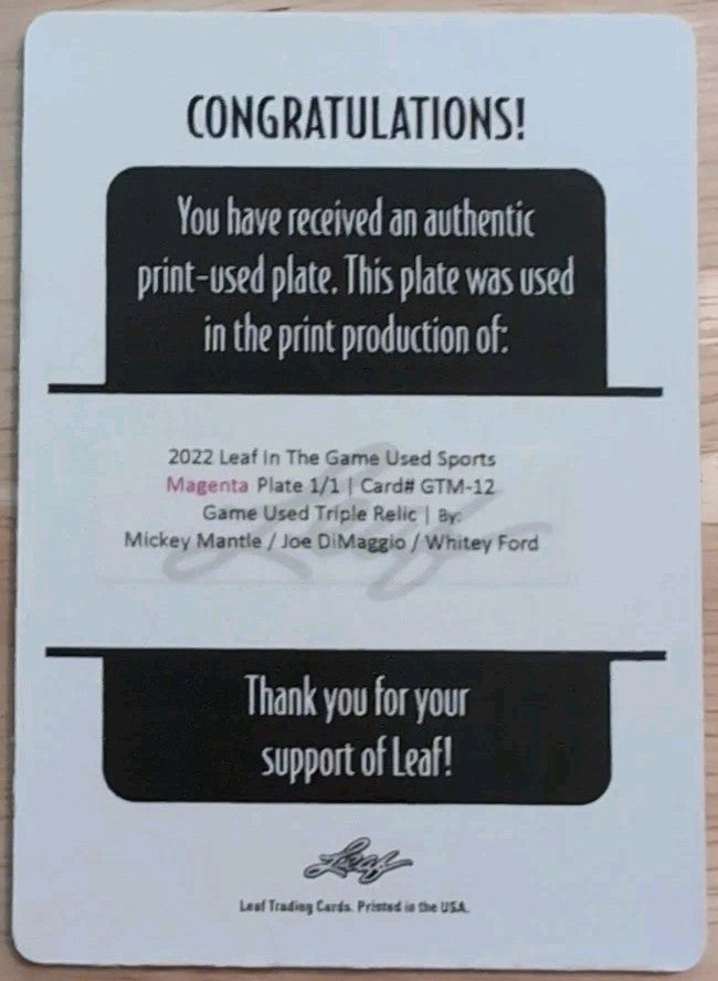 Mickey MANTLE Joe DiMAGGIO Whitey FORD 2022 Game Used TRIPLE PRINTING PLATE #1/1