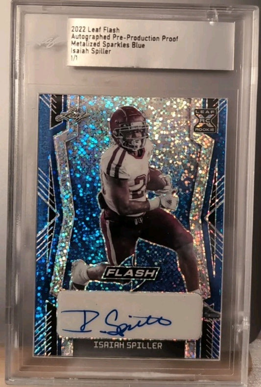ISAIAH SPILLER 2022 Leaf Flash PROOF AUTO Blue Sparkle 1/1 of Chargers Texas A&M