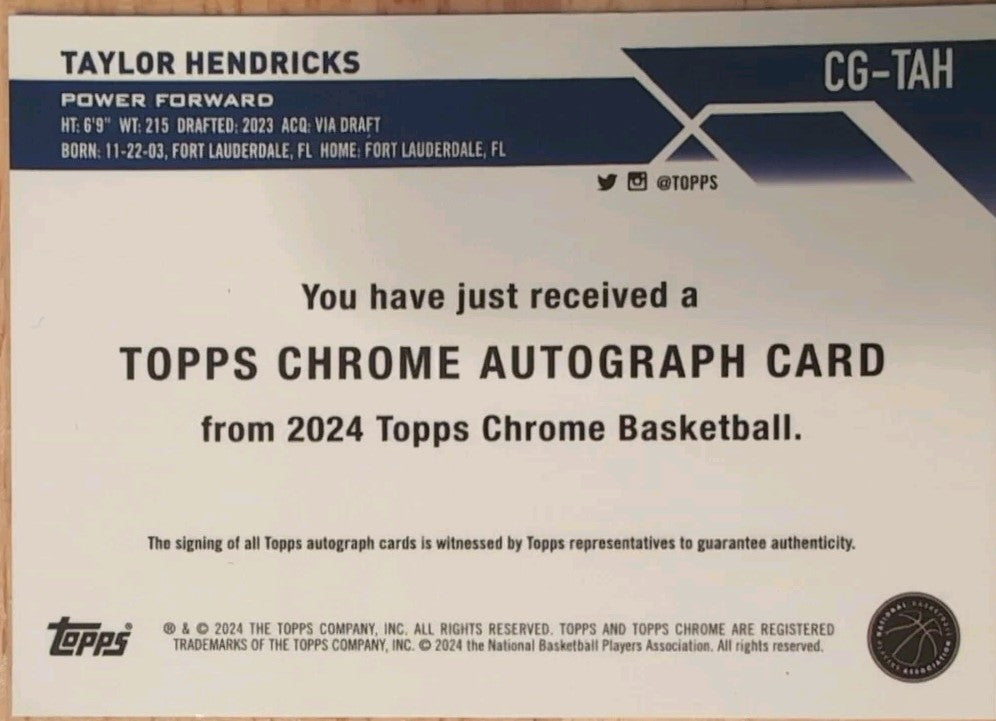 TAYLOR HENDRICKS 2023-2024 Topps Chrome Basketball Rookie RC AUTO SP Utah Jazz