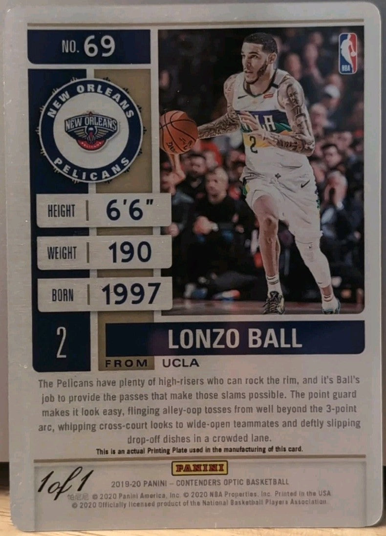 LONZO BALL 2019-20 Panini Contenders Optic PRINTING PLATE SP #1/1 Pelicans Bulls