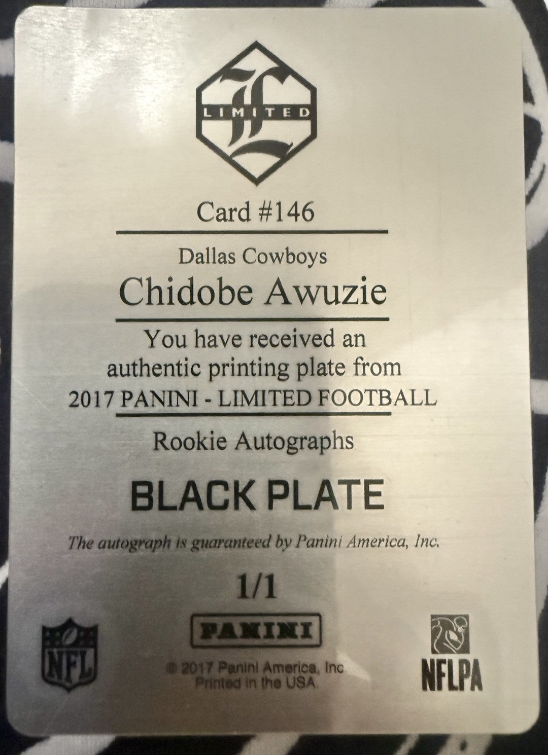 CHIDOBE AWUZIE 2017 Panini Limited RC AUTO PRINTING PLATE SP #1/1 Cowboys Titans
