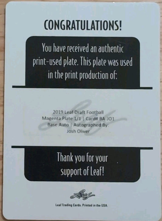 JOSH OLIVER 2019 Leaf Draft RC AUTO PRINTING PLATE SP 1/1 Jaguars Vikings Ravens