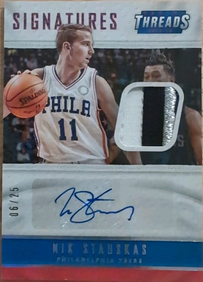 NIK STAUSKAS 2015-16 Panini Threads DUAL AUTO Jersey PATCH SP #06/25 76ers Kings