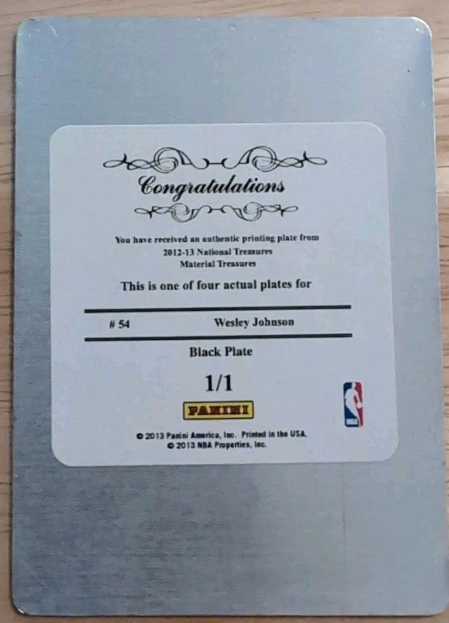 WESLEY JOHNSON 2012-13 Panini National Treasures Material PRINTING PLATE SP #1/1