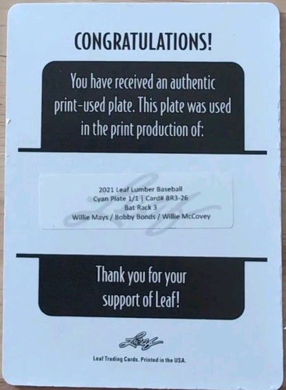 Willie MAYS Barry BONDS McCOVEY 2021 Lumber Bat Rack 3 PRINTING PLATE 1/1 Giants