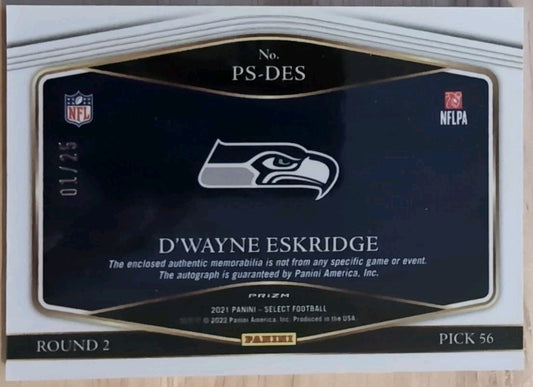 DWAYNE ESKRIDGE 2021 Panini Select DUAL AUTO Jersey PATCH Neon Orange Prizm 1/25