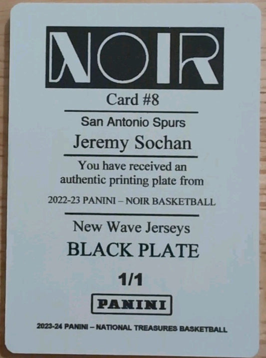 JEREMY SOCHAN 2022-23 Panini Noir New Wave Jersey RC PRINTING PLATE SP 1/1 Spurs