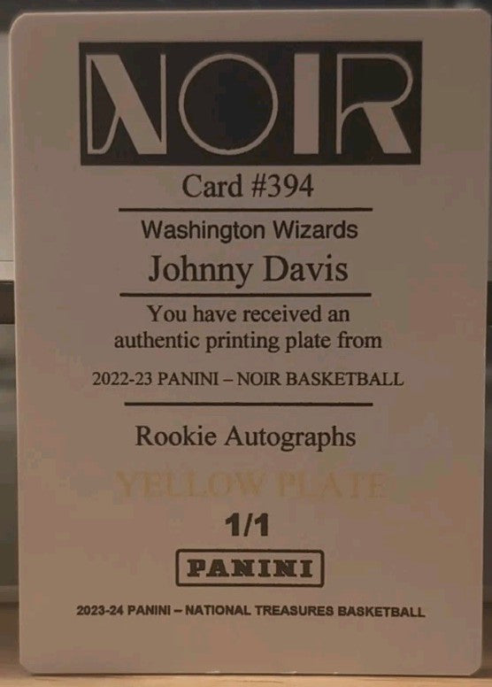 JOHNNY DAVIS 2022-23 Panini Noir Rookie Autographs PRINTING PLATE SP 1/1 Wizards