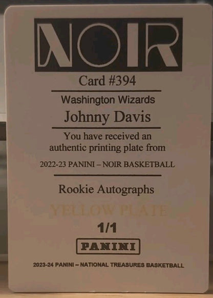 JOHNNY DAVIS 2022-23 Panini Noir Rookie Autographs PRINTING PLATE SP 1/1 Wizards