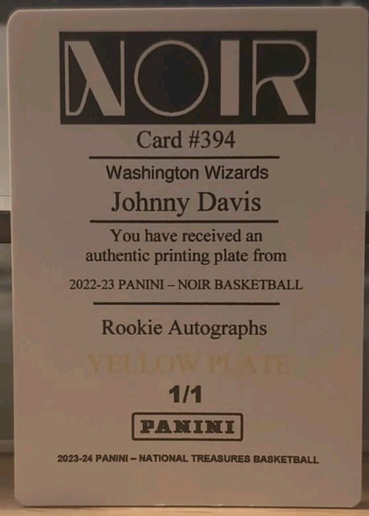 JOHNNY DAVIS 2022-23 Panini Noir Rookie Autographs PRINTING PLATE SP 1/1 Wizards
