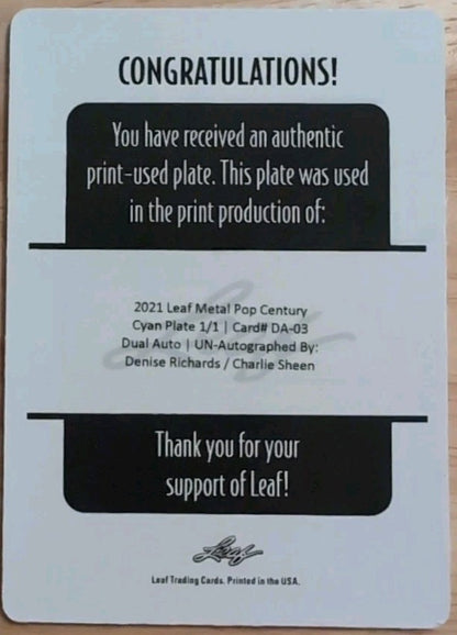 Charlie SHEEN Denise RICHARDS 2021 Pop Century PRINTING PLATE #1/1 Major League