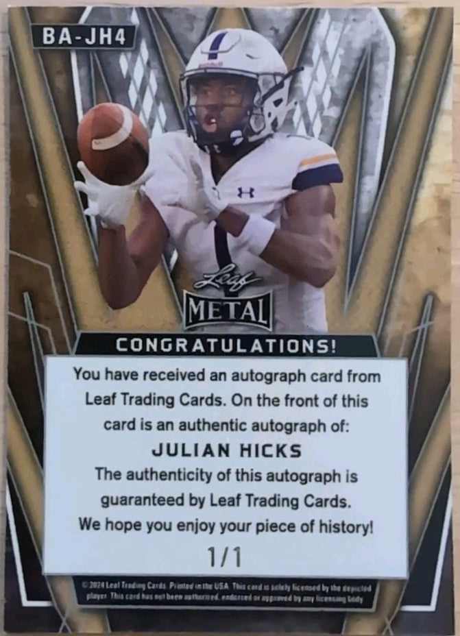 JULIAN HICKS 2024 Leaf Metal RC AUTO Galaxy Lasers SP #1/1 Packers Albany Akron