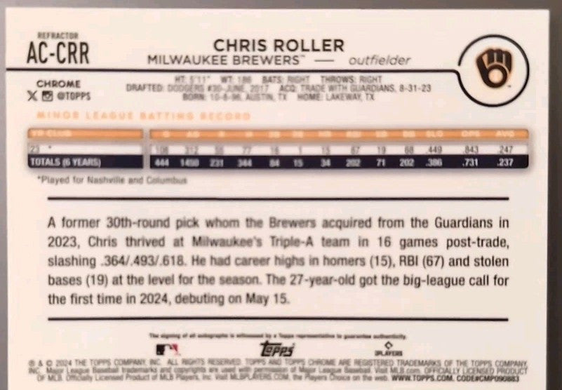 CHRIS ROLLER 2024 Topps Chrome Update RC AUTO Refractor #/499 Milwaukee Brewers