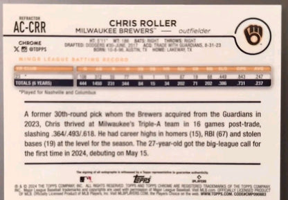 CHRIS ROLLER 2024 Topps Chrome Update RC AUTO Refractor #/499 Milwaukee Brewers