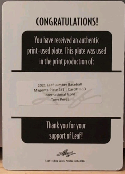 TONY PEREZ 2021 Leaf Lumber International Icons PRINTING PLATE SP #1/1 Reds Cuba